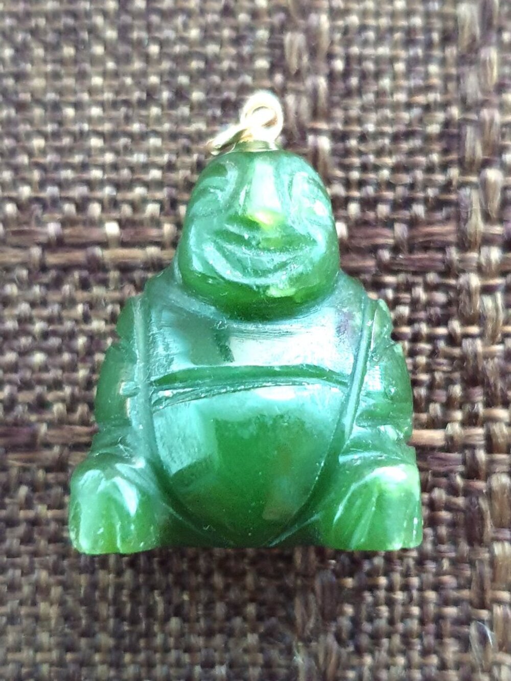 Vintage Handcrafted Natural Green Nephrite Jade 10k Gold Happy Buddha Pendant